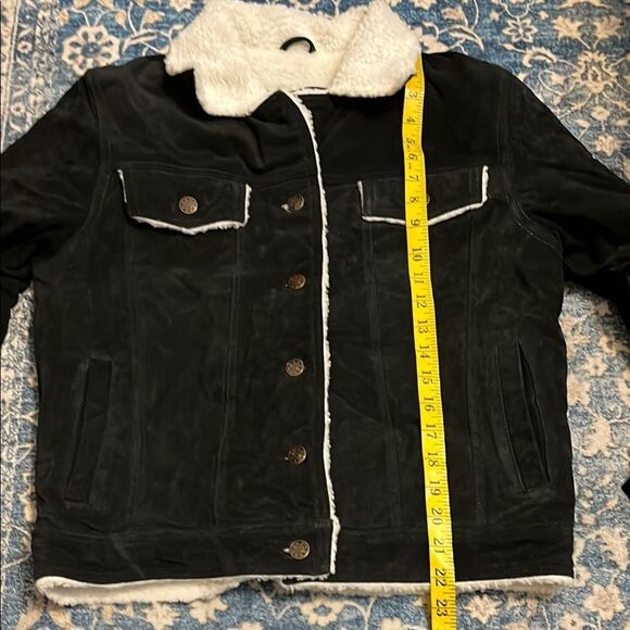 Oscar Piel Black Sherpa-Lined Genuine Suede Leather Pockets Jacket Bohemian - Picture 9 of 9